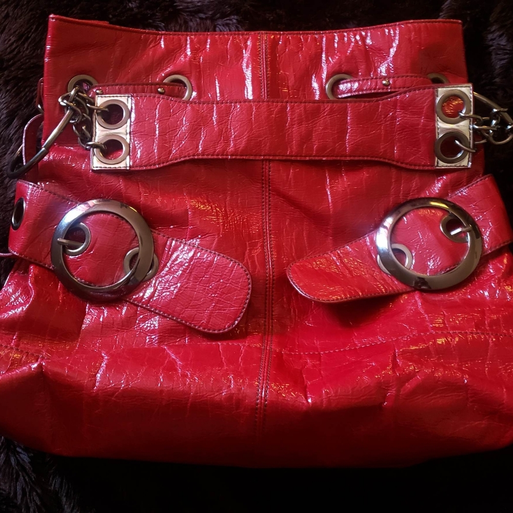 Big Buddha red patent leather bag gunmetal tint